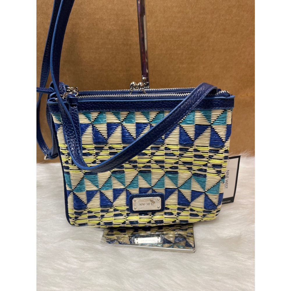 NINE WEST Blue Basket Woven Tri-Zip Shoulder Crossbody Purse Small
